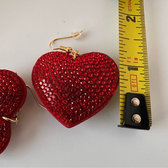 Red Rhinestone Heart Pillow Earrings | Gold Tone Statement Drop Earrings - Picture 8 of 13